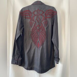 ROAR Mens Black Tiburon Embroidered Button Down Shirt Medium Vintage Rockabilly